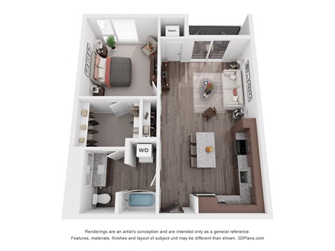 Floor plan for 1 bed, 1 bath, 812 sqft
